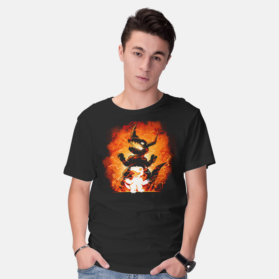 Model wearing black Fire Evolution – Anime Graphic T-Shirt