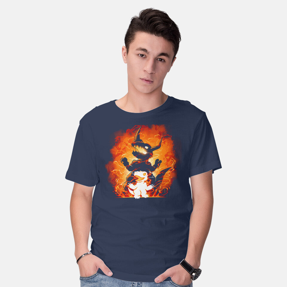 Model wearing navy Fire Evolution – Anime Graphic T-Shirt