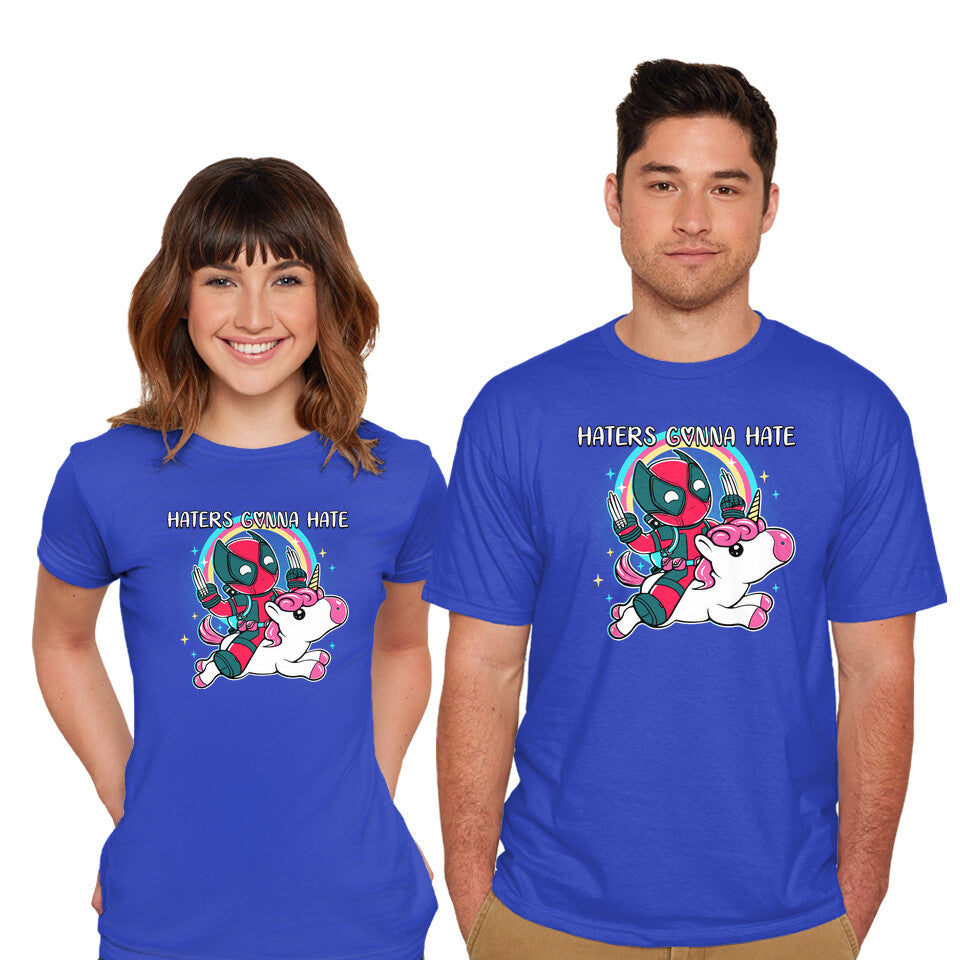 Model wearing royal blue Haters Gonna Hate – Movie Graphic T-Shirt