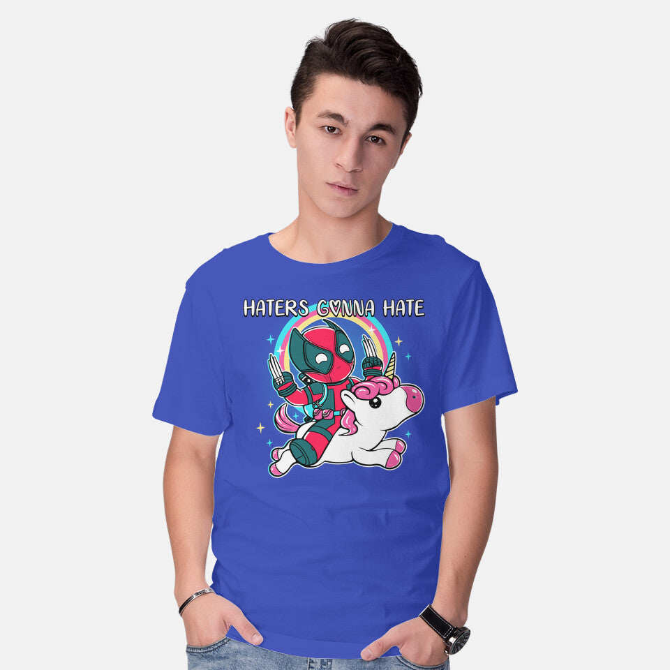 Model wearing royal blue Haters Gonna Hate – Movie Graphic T-Shirt