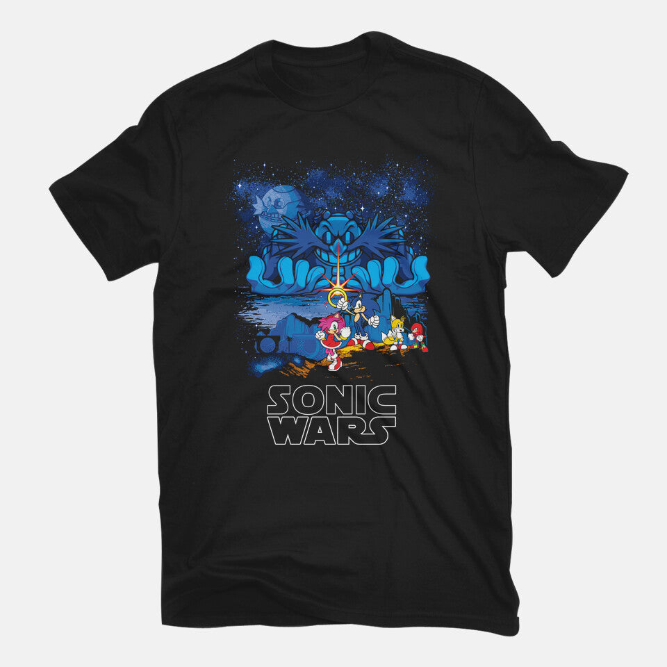 Sonic Wars – Gaming Graphic T-Shirt in black, flat-lay product view