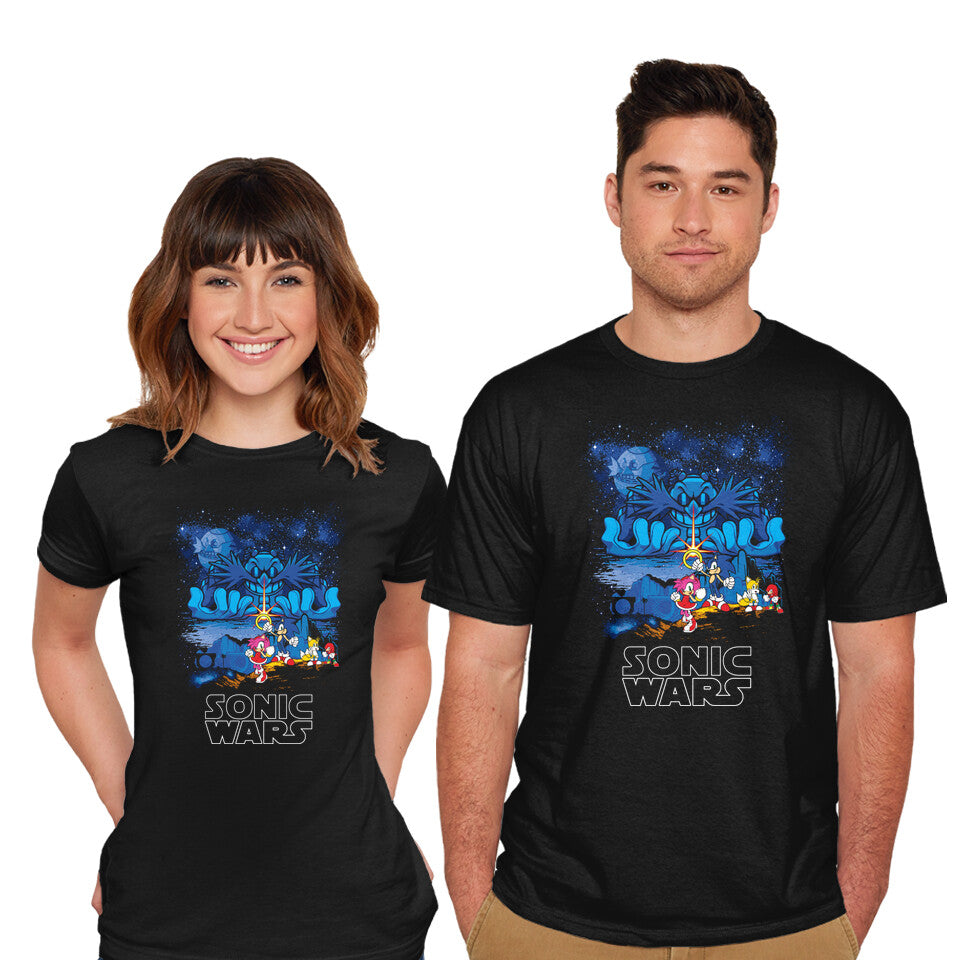 Model wearing black Sonic Wars – Gaming Graphic T-Shirt