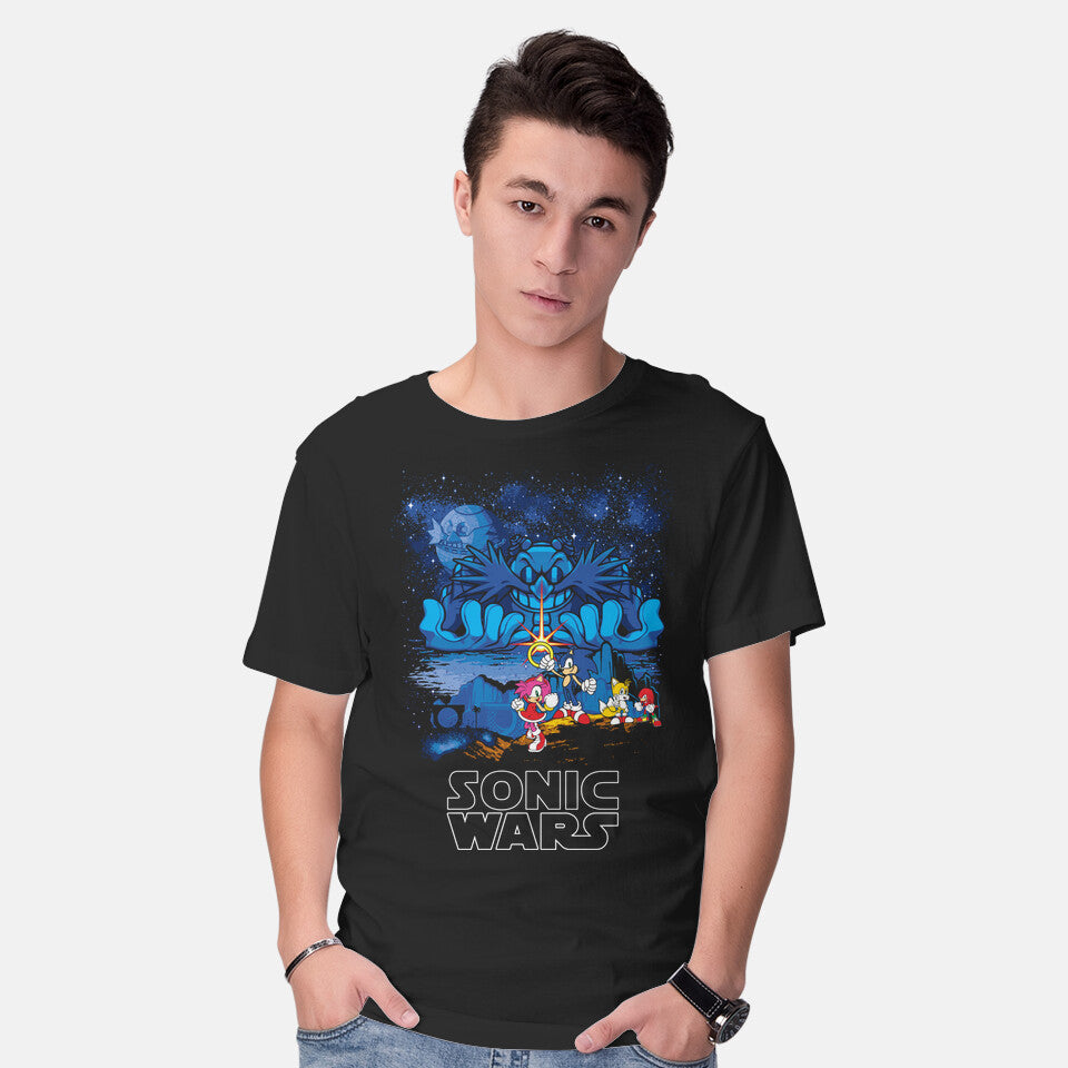 Model wearing black Sonic Wars – Gaming Graphic T-Shirt