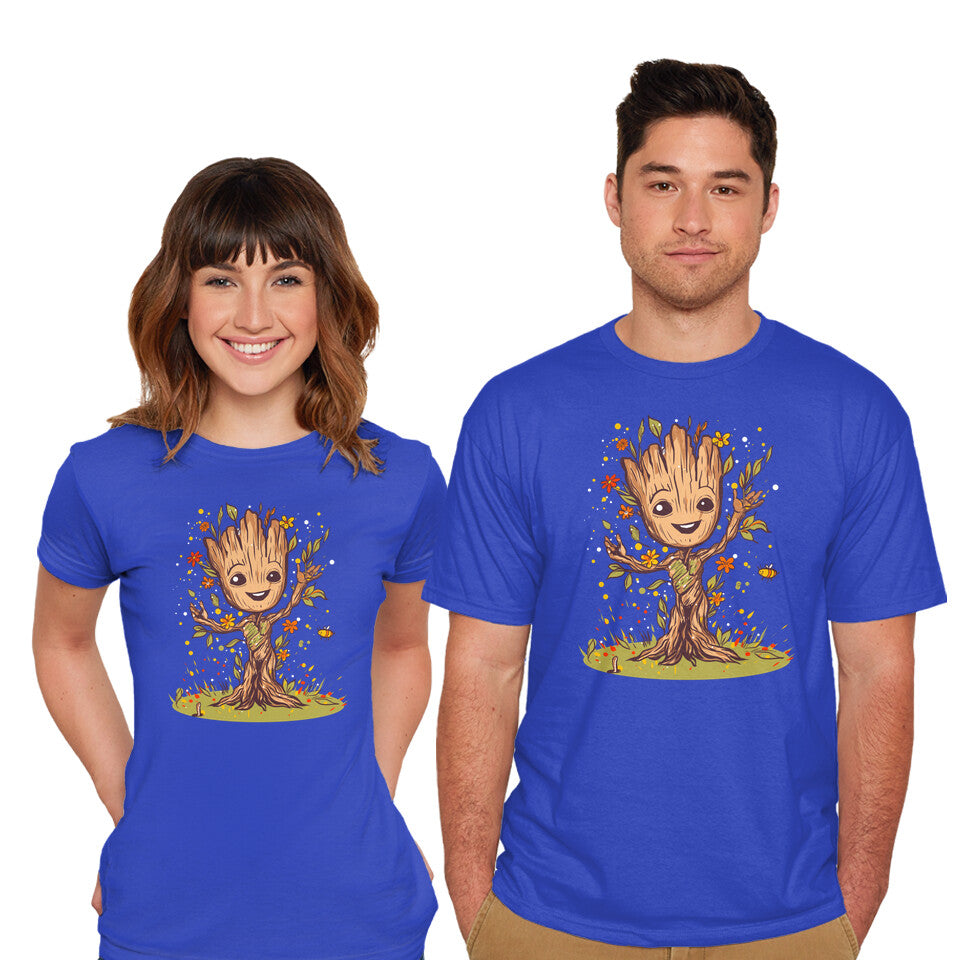 Model wearing royal blue I Am Spring – Sci-Fi Graphic T-Shirt