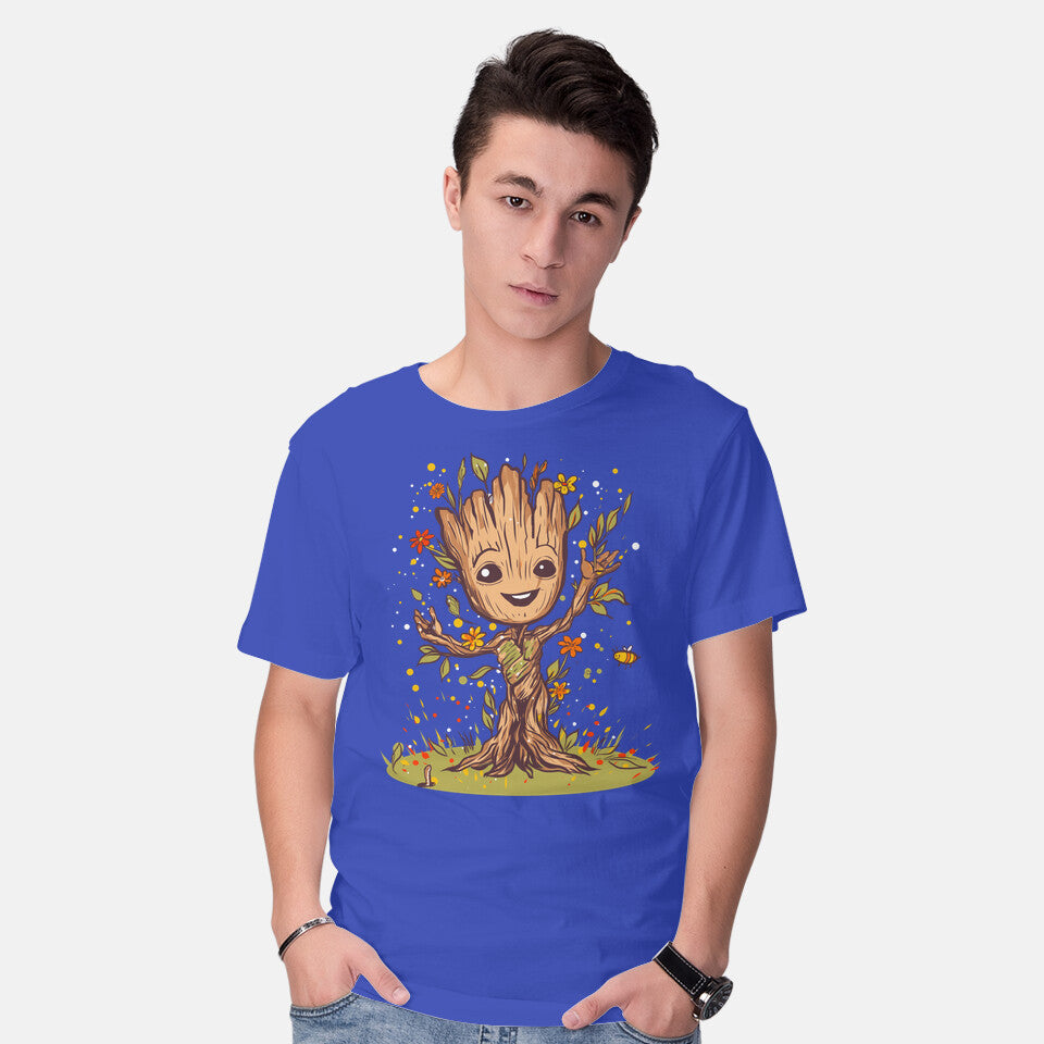Model wearing royal blue I Am Spring – Sci-Fi Graphic T-Shirt
