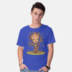 Model wearing royal blue I Am Spring – Sci-Fi Graphic T-Shirt