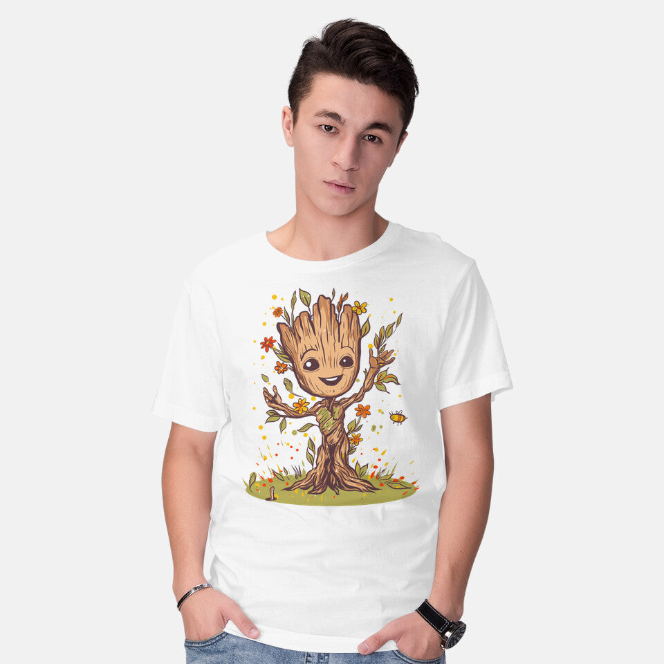 Model wearing white I Am Spring – Sci-Fi Graphic T-Shirt