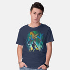 Model wearing navy The Hero Of Time – Gaming Graphic T-Shirt