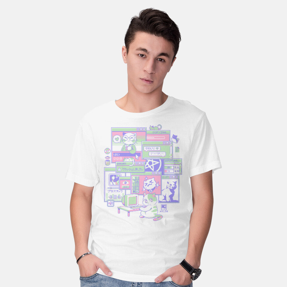 Model wearing white Interneko – Cat Graphic T-Shirt