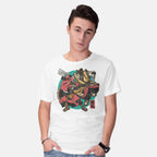 Model wearing white Fighting Spirit – Movie Graphic T-Shirt