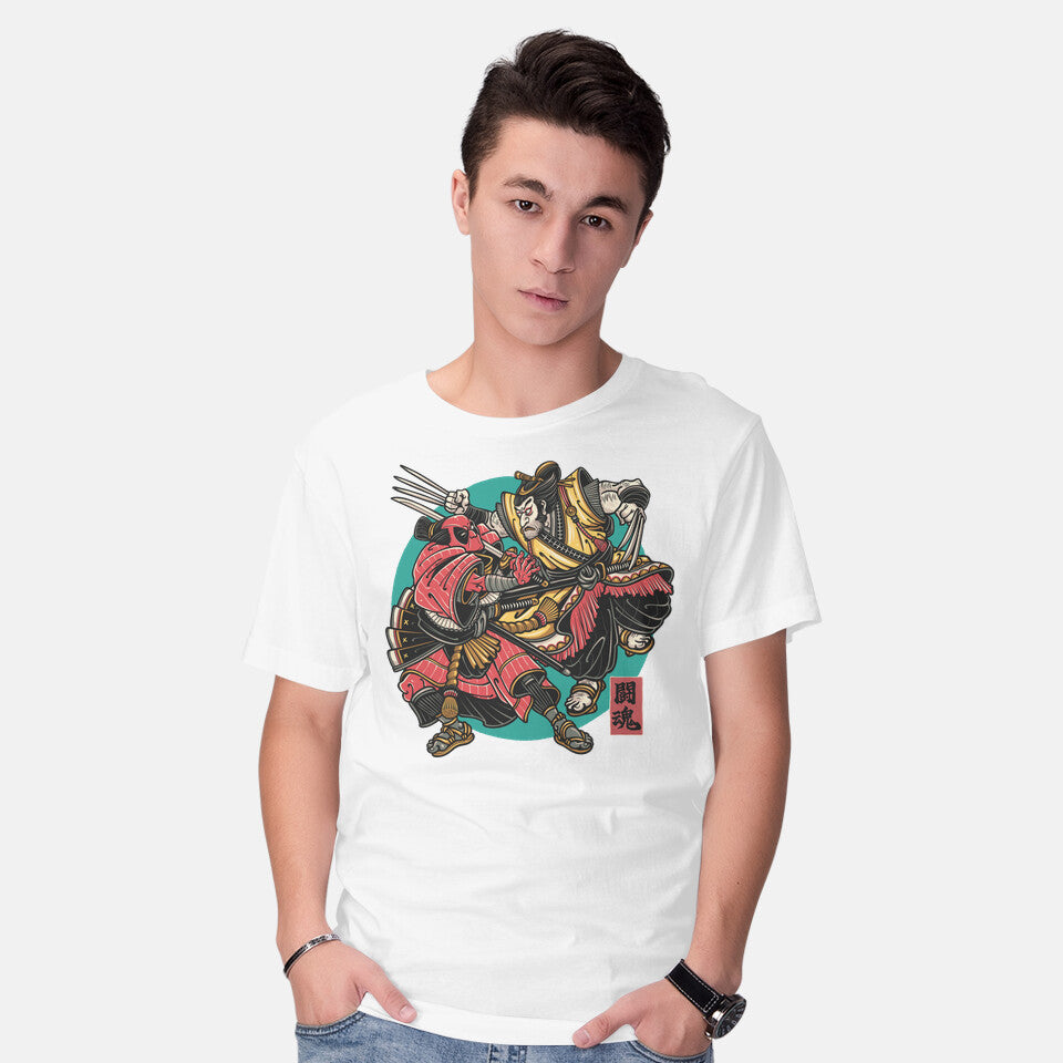 Model wearing white Fighting Spirit – Movie Graphic T-Shirt