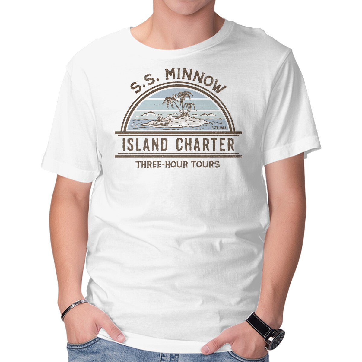 Three-Hour Tours – Retro Graphic T-Shirt in white, product display