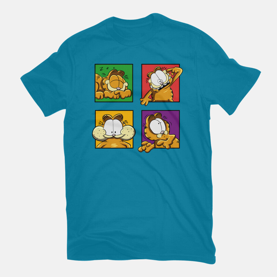 Orange Cat Emotions – Cat Graphic T-Shirt in turquoise, flat-lay product view