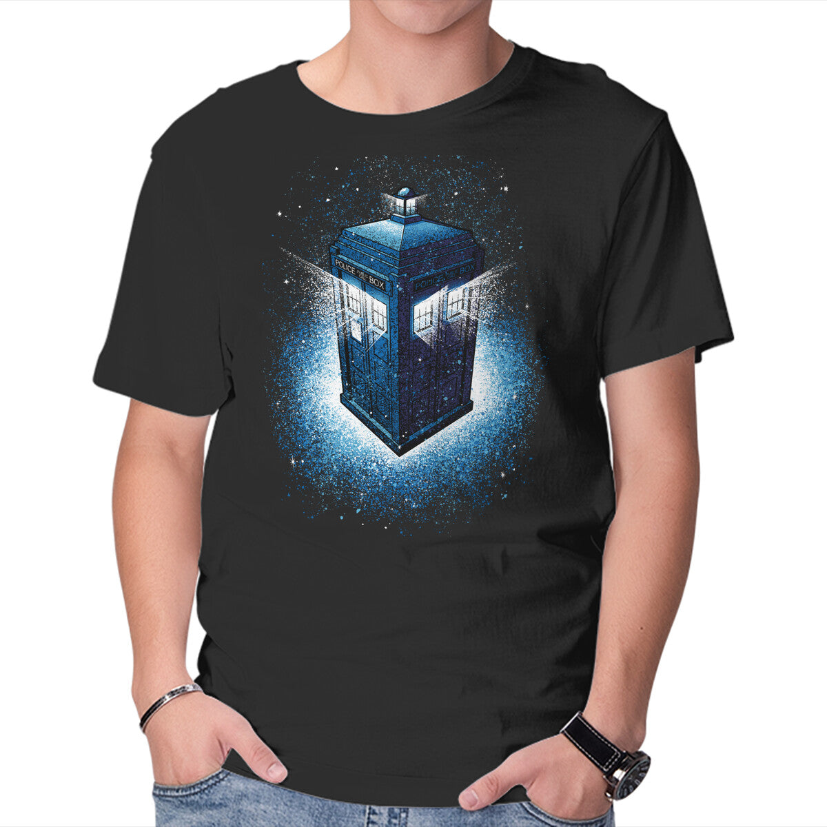 Tardis Splash – Sci-Fi Graphic T-Shirt in black, product display