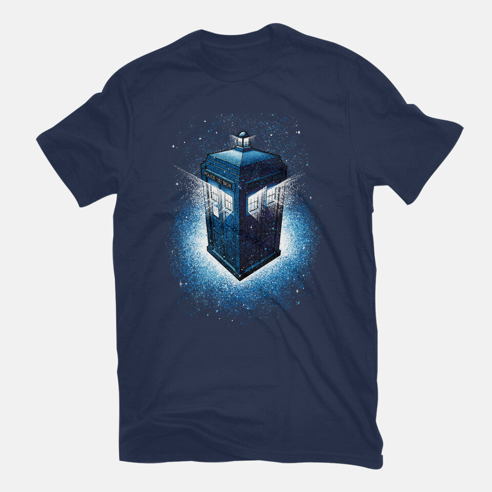 Tardis Splash – Sci-Fi Graphic T-Shirt in navy, flat-lay product view