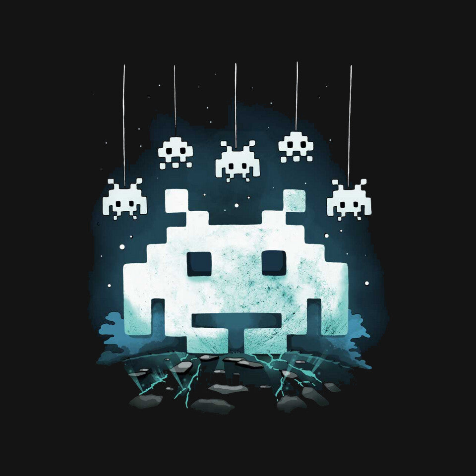 Space Moon Invaders – Gaming Graphic T-Shirt design artwork for black graphic T-shirt
