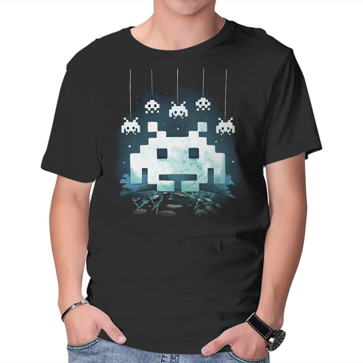 Space Moon Invaders – Gaming Graphic T-Shirt in black, product display