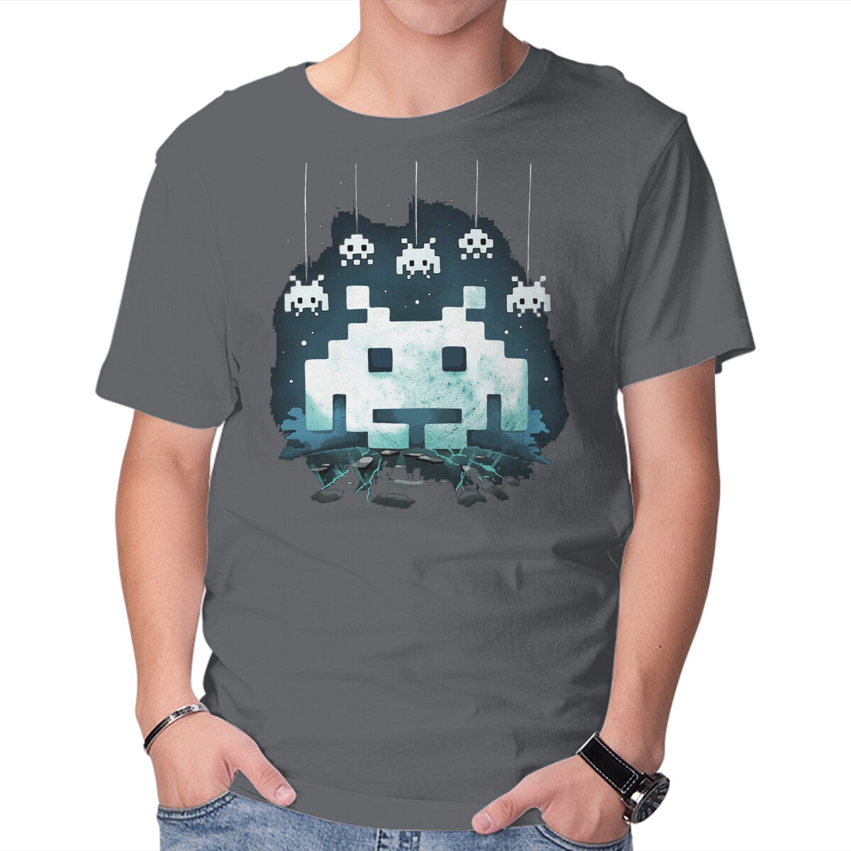 Space Moon Invaders – Gaming Graphic T-Shirt in charcoal, product display