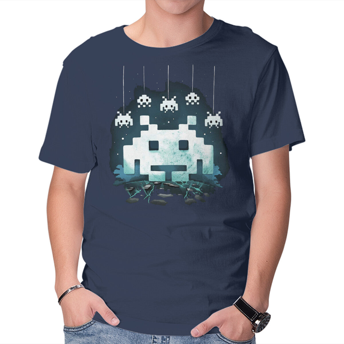Space Moon Invaders – Gaming Graphic T-Shirt in navy, product display