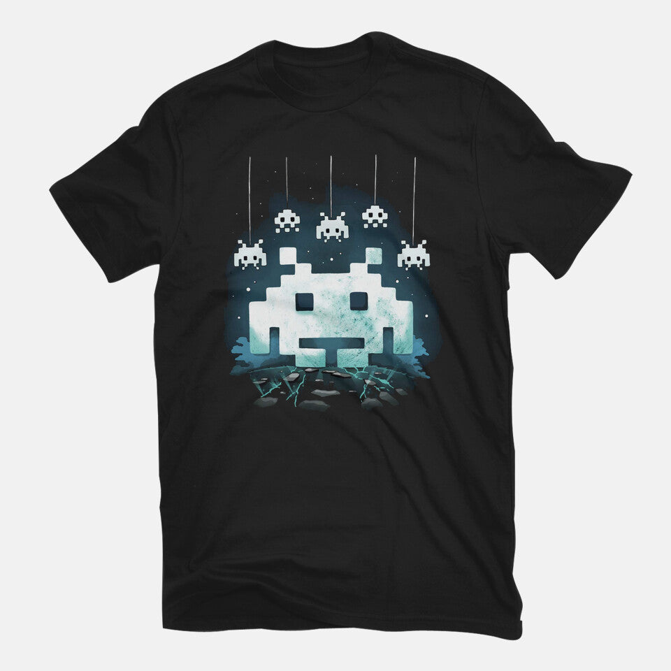 Space Moon Invaders – Gaming Graphic T-Shirt in black, flat-lay product view