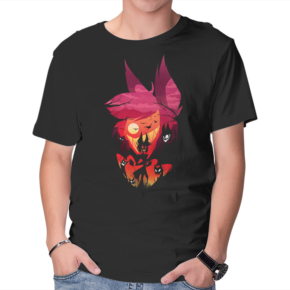 Alastor Sunset – Horror Graphic T-Shirt in black, product display