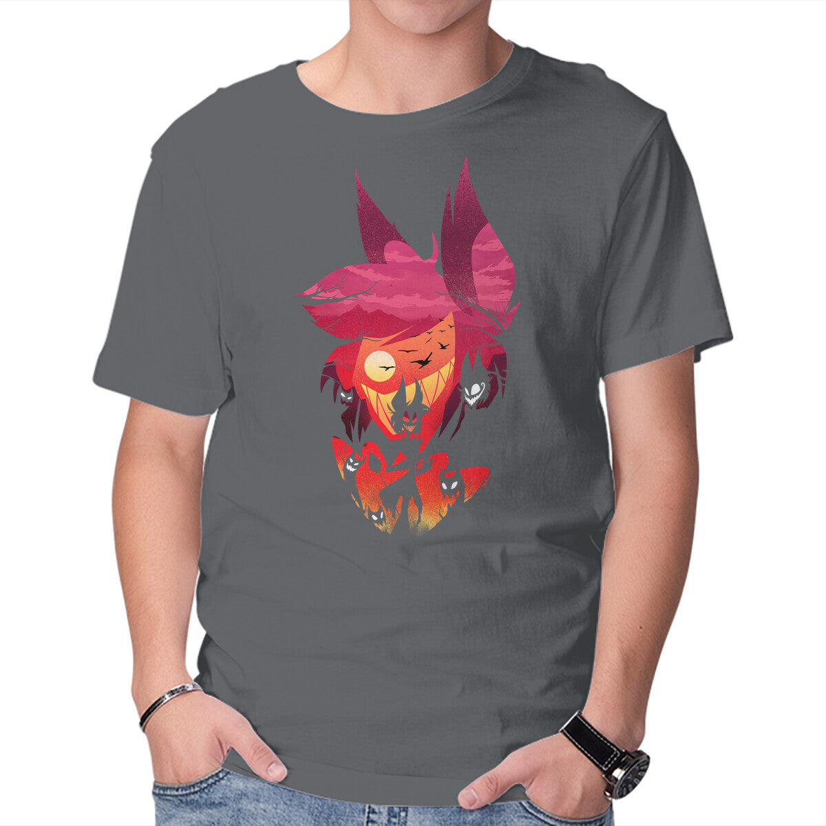 Alastor Sunset – Horror Graphic T-Shirt in charcoal, product display
