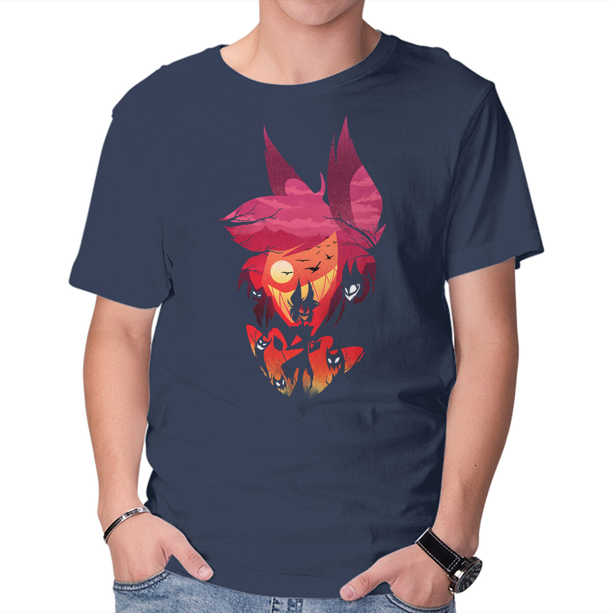 Alastor Sunset – Horror Graphic T-Shirt in navy, product display