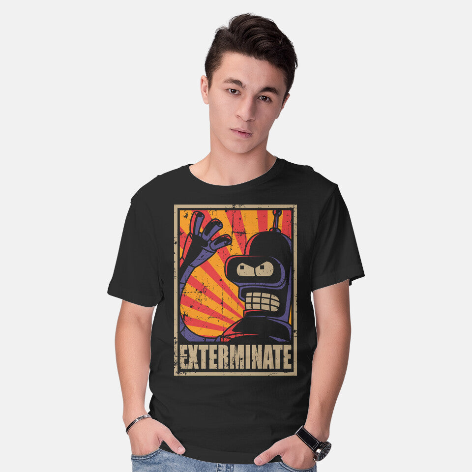 Model wearing black Exterminate – Sci-Fi Graphic T-Shirt