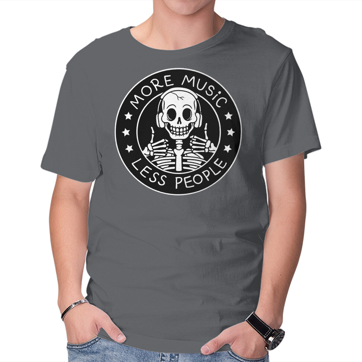 More Music Less People – Horror Graphic T-Shirt in charcoal, product display