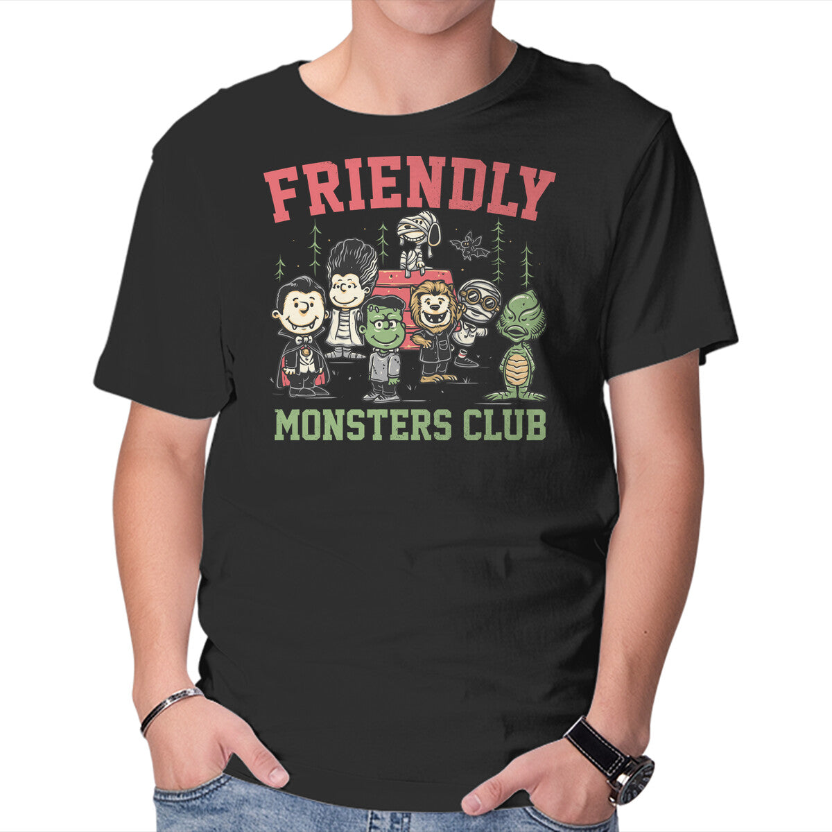 Friendly Monsters Club – Halloween Graphic T-Shirt in black, product display
