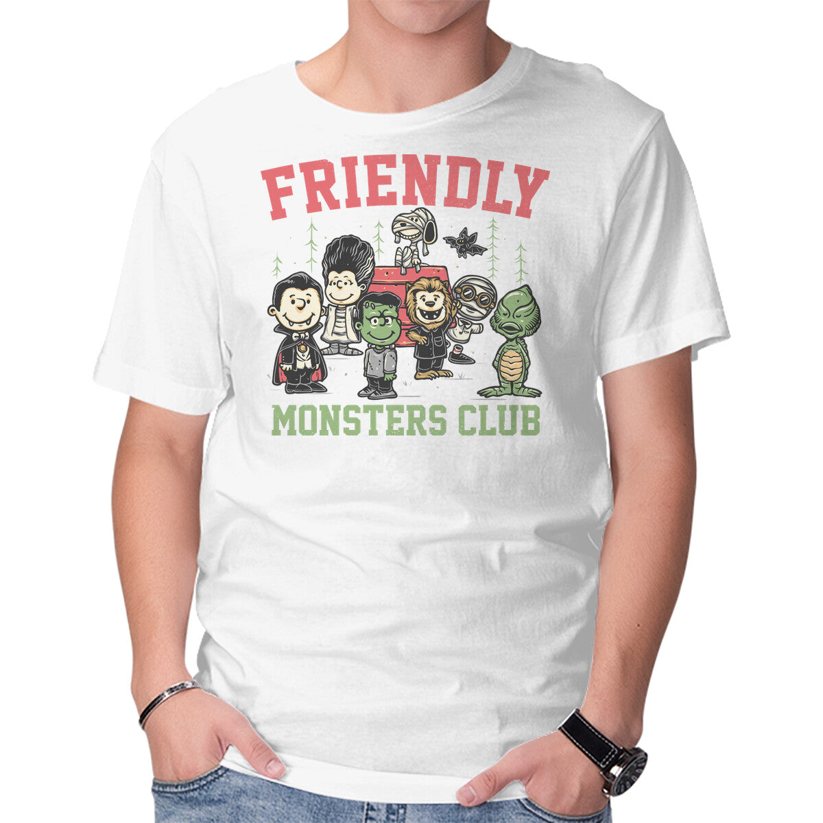 Friendly Monsters Club – Halloween Graphic T-Shirt in white, product display