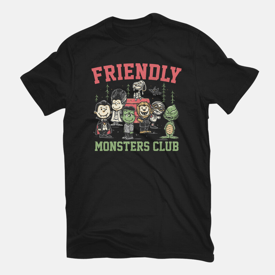 Friendly Monsters Club – Halloween Graphic T-Shirt in black, flat-lay product view