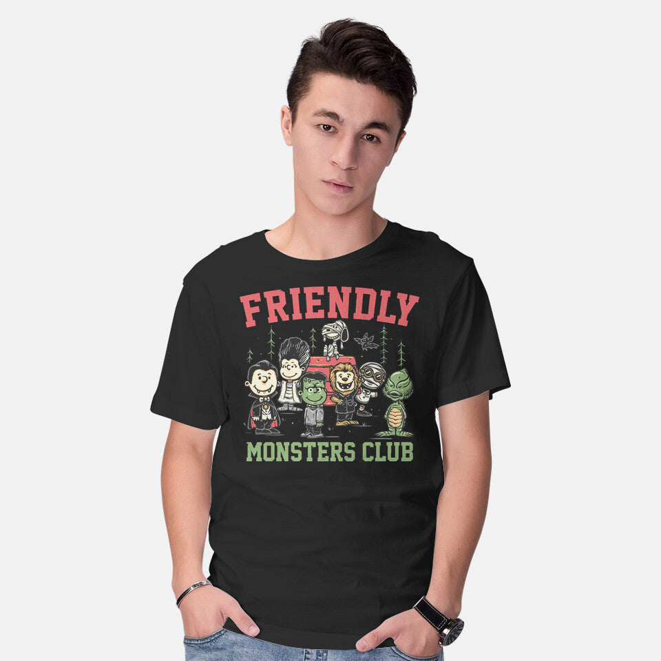 Model wearing black Friendly Monsters Club – Halloween Graphic T-Shirt