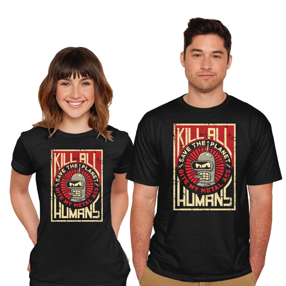 Model wearing black Bite My Metal – Sci-Fi Graphic T-Shirt