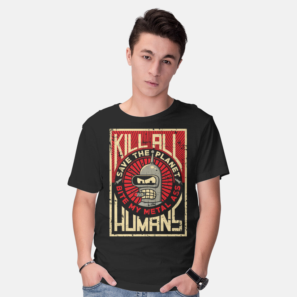 Model wearing black Bite My Metal – Sci-Fi Graphic T-Shirt