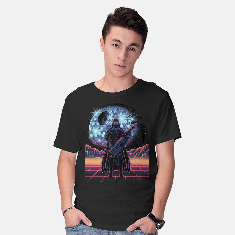 Model wearing black Synth Lord – Sci-Fi Graphic T-Shirt