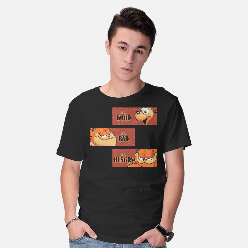 Model wearing black Good Bad Hungry – Cat Graphic T-Shirt