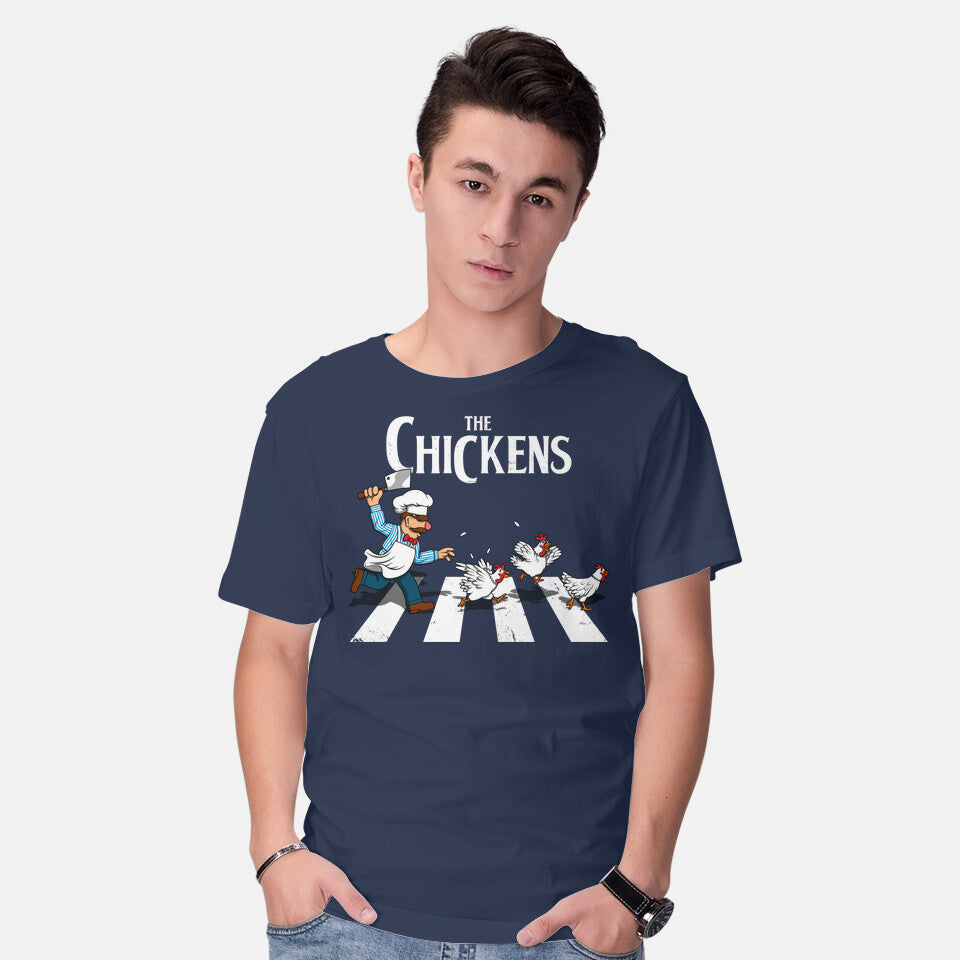 Model wearing navy The Chickens – Music Graphic T-Shirt