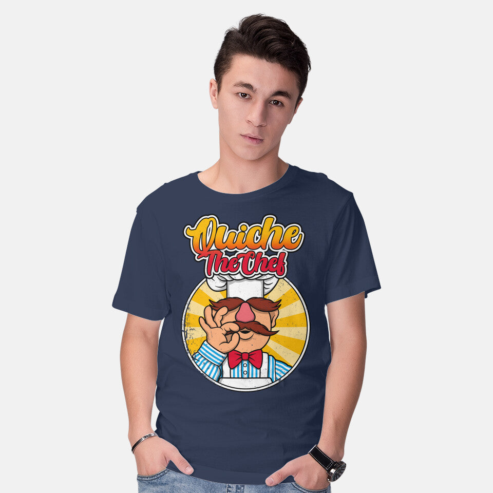 Model wearing navy Quiche The Chef – Movie Graphic T-Shirt