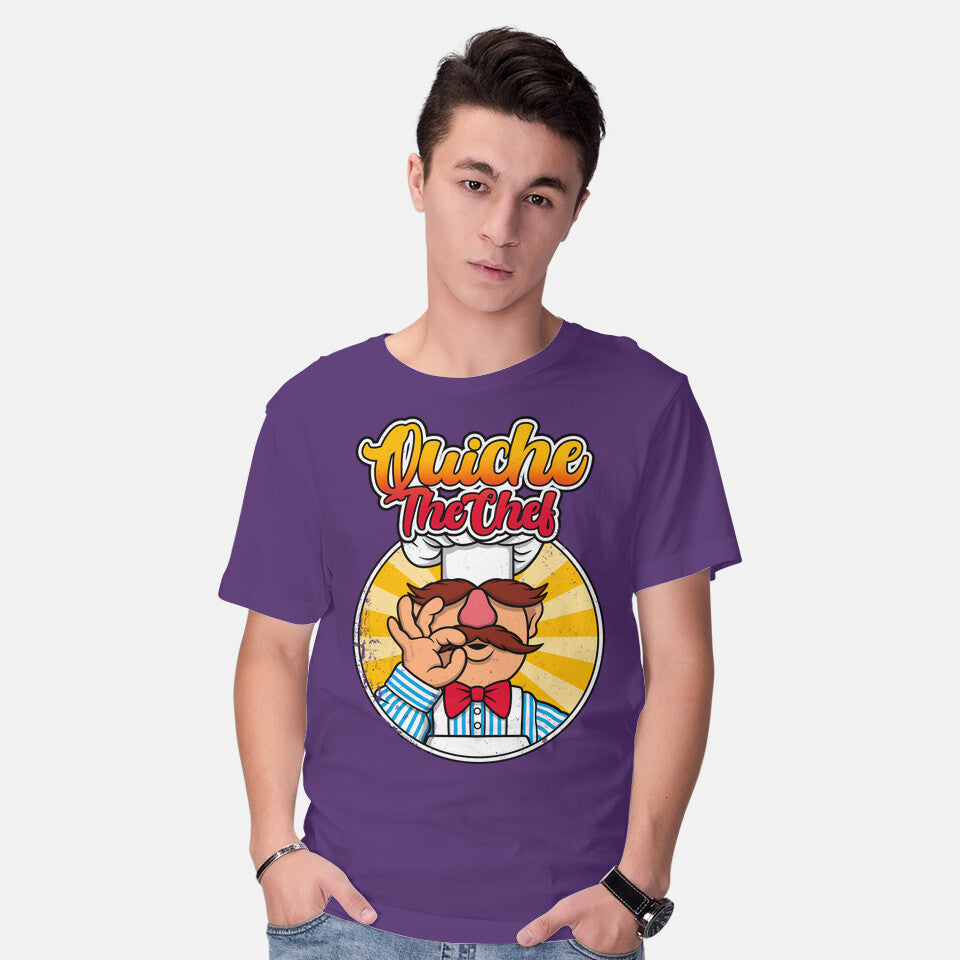 Model wearing purple Quiche The Chef – Movie Graphic T-Shirt