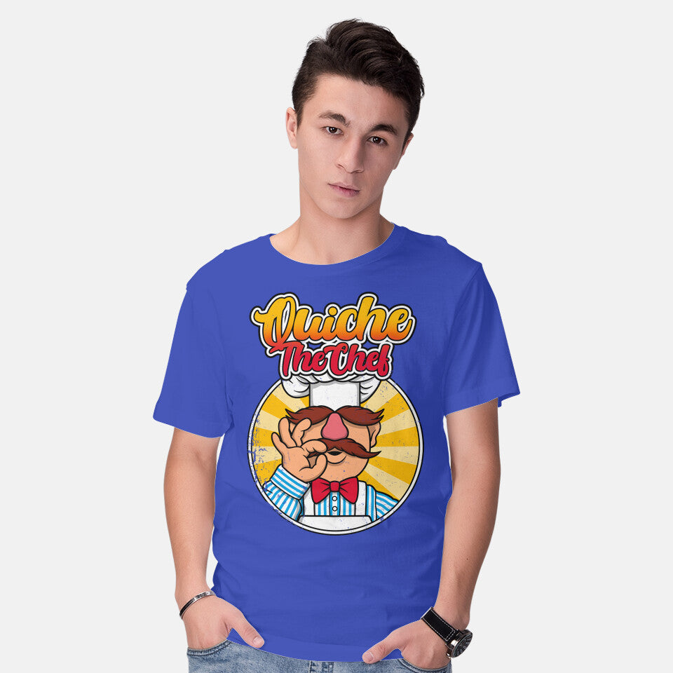Model wearing royal blue Quiche The Chef – Movie Graphic T-Shirt