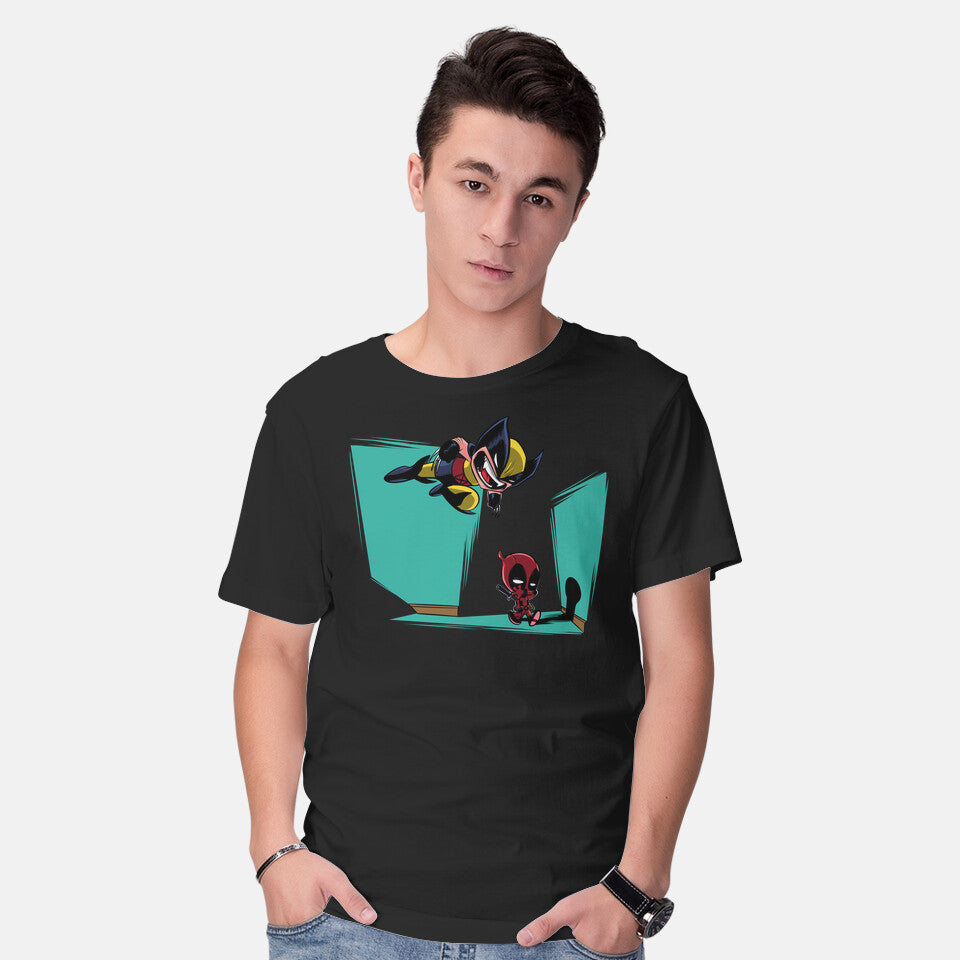 Model wearing black Gotcha – Movie Graphic T-Shirt
