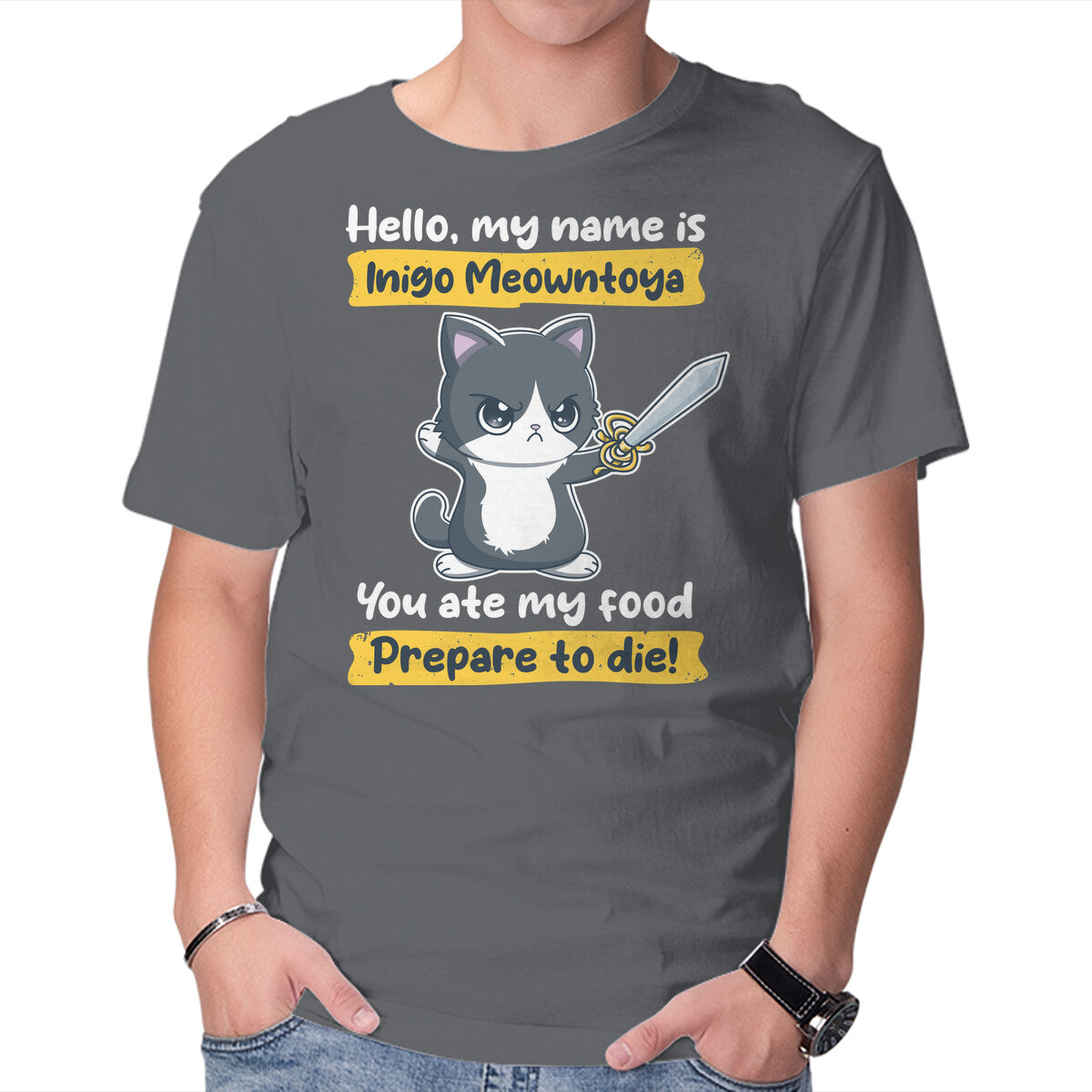 Inigo Meowntoya – Cat Graphic T-Shirt in charcoal, product display