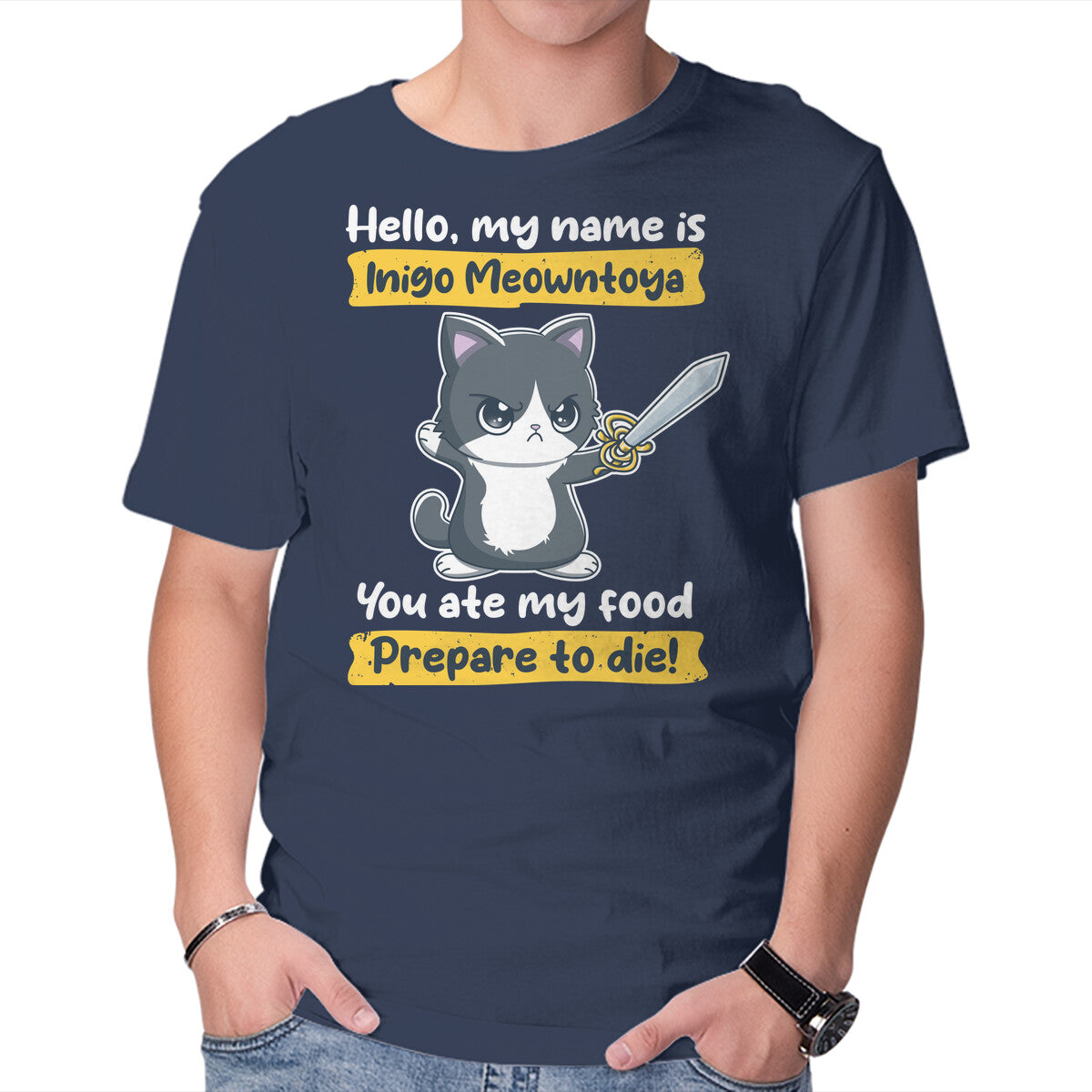 Inigo Meowntoya – Cat Graphic T-Shirt in navy, product display