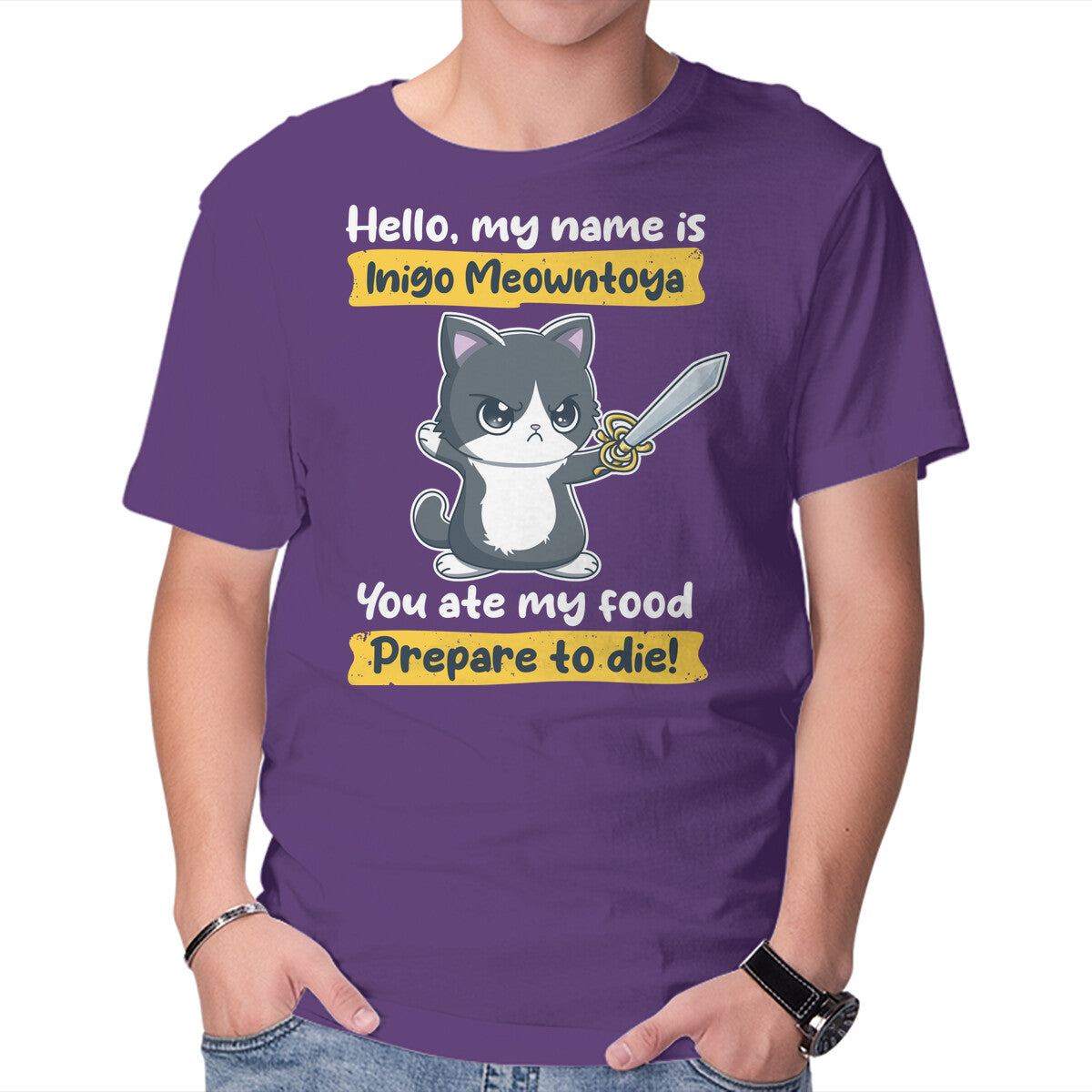 Inigo Meowntoya – Cat Graphic T-Shirt in purple, product display