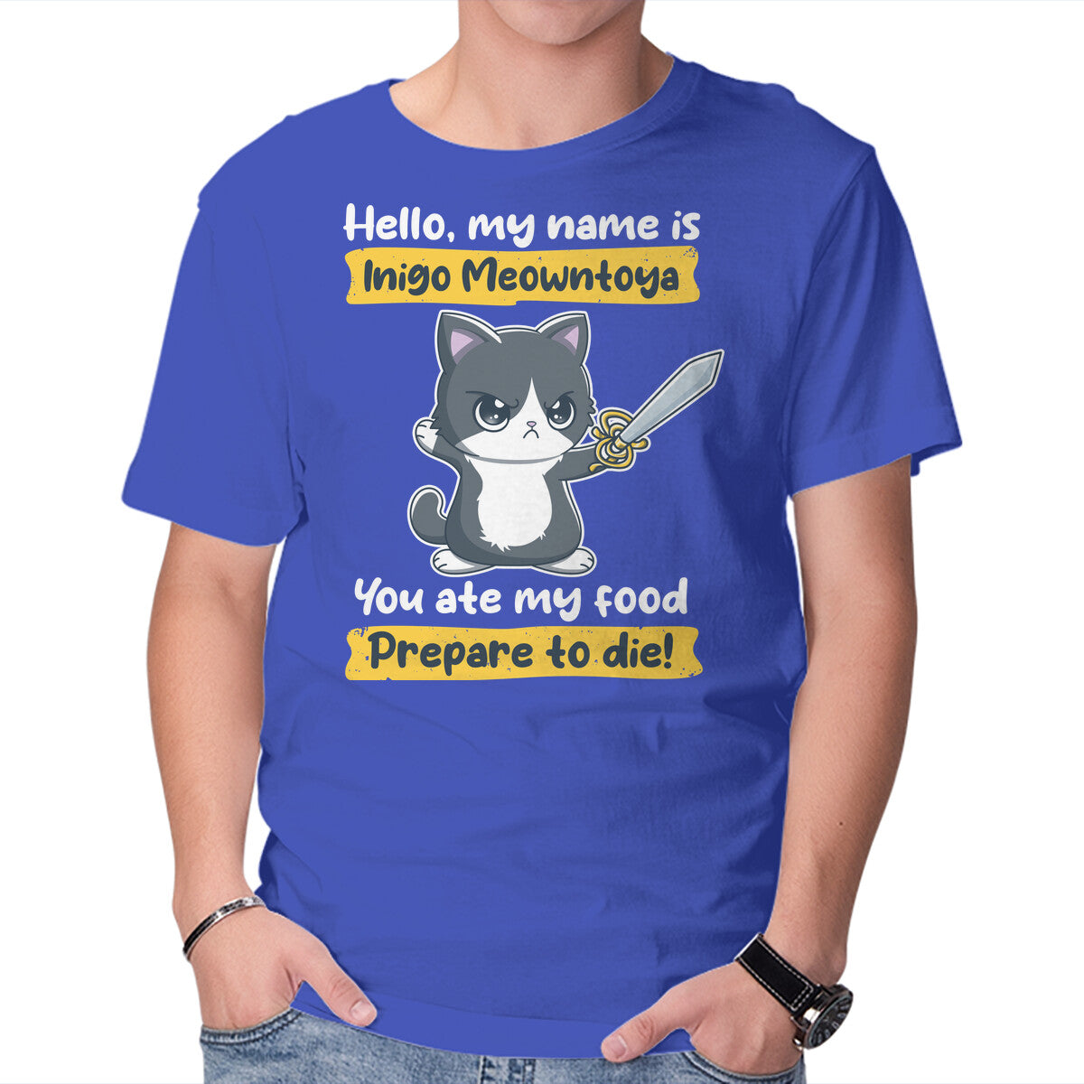 Inigo Meowntoya – Cat Graphic T-Shirt in royal blue, product display