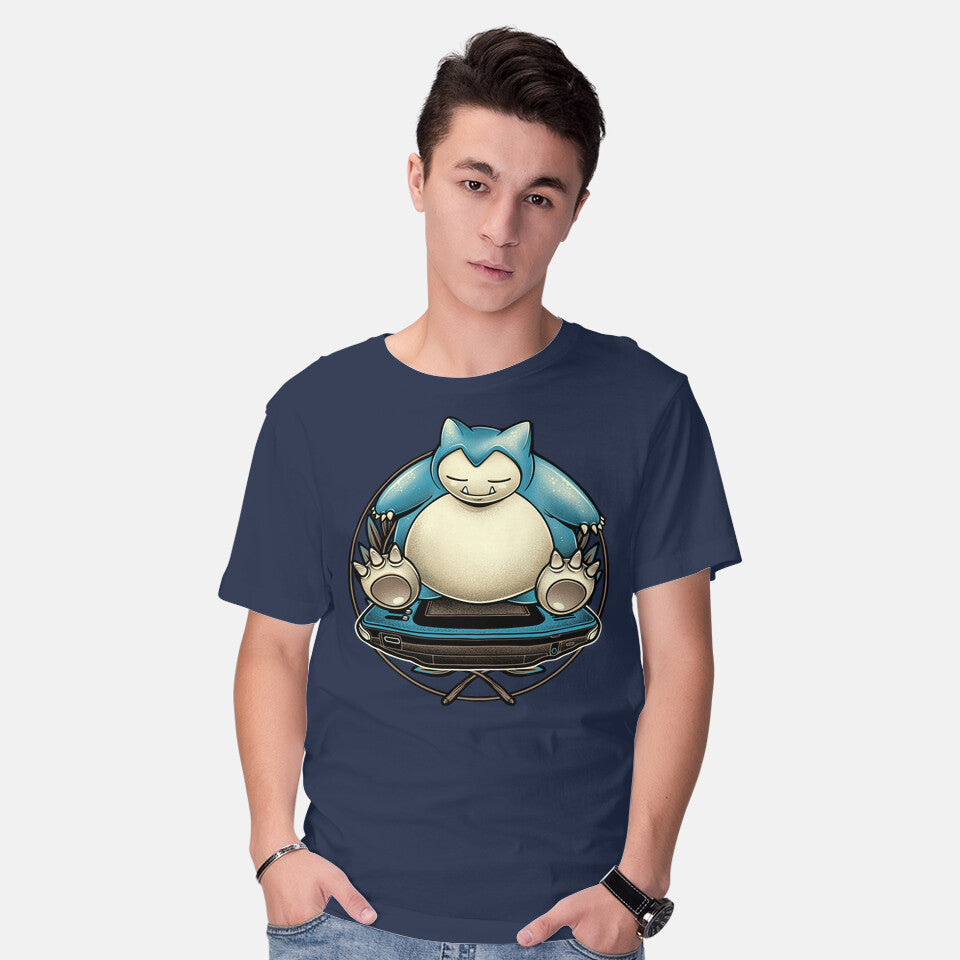 Model wearing navy Gamer Snorlax – Anime Graphic T-Shirt