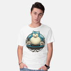 Model wearing white Gamer Snorlax – Anime Graphic T-Shirt