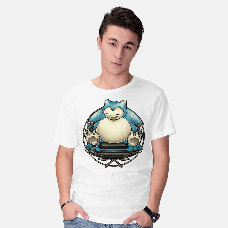 Model wearing white Gamer Snorlax – Anime Graphic T-Shirt