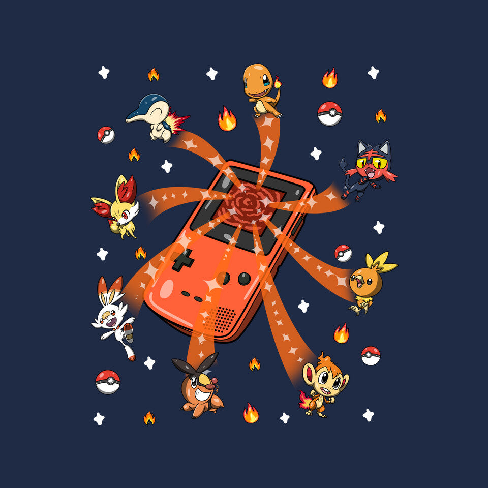 Catch Fire – Anime Graphic T-Shirt design artwork for navy graphic T-shirt